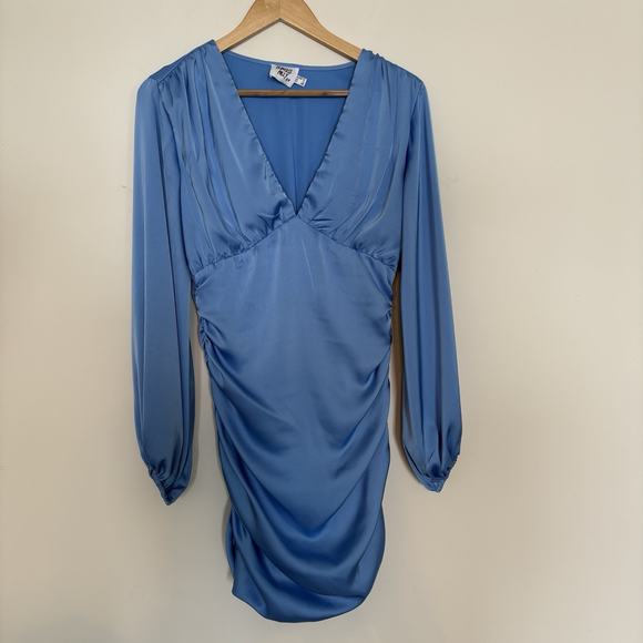 Princess Polly Parsons Long Sleeve Mini Dress Blue Bodycon V-Ncek Silky Size 6 - Picture 3 of 12